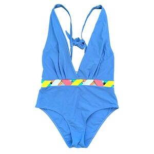 Valimare‎ Womens Blue Plunge One Piece Swimsuit Multi Color Braided Waist Size M